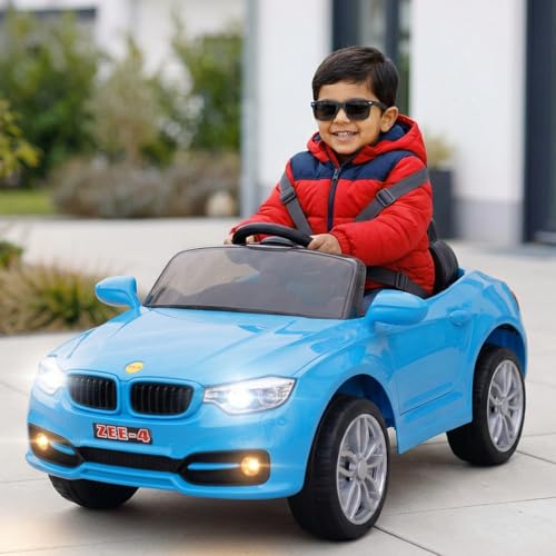 Image of Toyzone Zee-4 Electric Car (Blue) | 12V Rechargeable Car for Kids with 4.5ah Battery | LED Lights, Music, MP3 /USB /BT | Smooth Acceleration | 6M Battery Warranty | Age 2-9 Years, Upto 35 kg