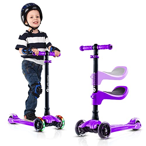 Lascoota 2-in-1 3-Wheel Scooter - Purple, Ages 3-12, 100 lb Max - Toddler & Kids Scooter with Removable Seat & 4-Position Adjustable Handlebars - Lean-to-Steer Balance & LED Light-Up Wheels