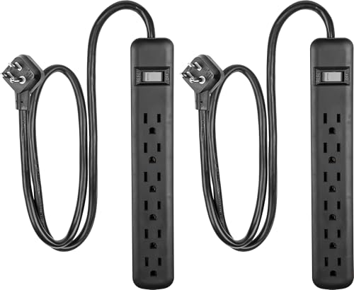 GE Surge Protector Power Strip 2 Pack 3 Ft Extension Cord 6 Outlet Extender 450 Joules Flat Plug Wall Mount On Off Switch Heavy Duty ETL Safety Listed Black 83969