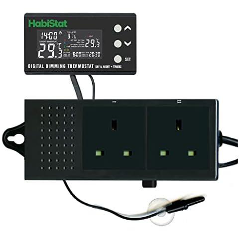 Habistat - Digital Dimming Thermostat - Day And Night Timer - Waterproof - 3 Metre Long Sensor - Adjustable Alarm - Perfect For Reptile Encourages - 600 Watt Cover