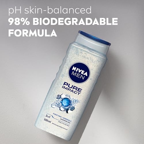 Image of NIVEA MEN Pure Impact Shower Gel, 500ml, (Hair, Face & Body Wash) (Pack of 3)