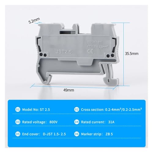 Conector de resorte extraíble sin tornillos ST-2.5 bloque de terminales de riel DIN azul 2