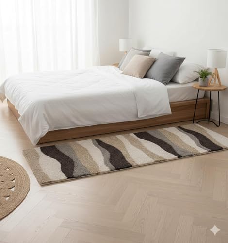 Image of Shaggy Floor Carpet for Living Room, Soft & Fluffy Bedside Runner Rug for Bedroom, Hall, Sofa Area, Elegant Modern Floor Carpet - 2x6 Feet 3D Beige Waves