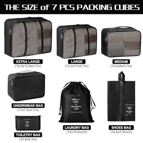 Image of polyester 7 Set Packing Cubes Luggage Packing Organizers For Travel Accessories storage organiser (black)