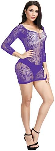SNOWSONG Women Sexy Cover Up for Swimwear Perspective Fishnet Long Sleeve Beach Dress Swimsuit Coverups Purple
