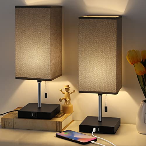 USB Bedside Table Lamp Set of 2, Modern Nightstand Lamps with Grey Fabric Shade Small Bedside Desk Lamps with 2 USB Ports Side Table lamp for Bedroom, Living Room Office, Study Room
