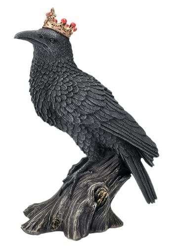 Pacific Giftware Gothic Raven King Figurine with Gold Crown Polyresin Black Bird Decorative Figurine on Tree Stump 6.5 Tall Halloween Home Decor