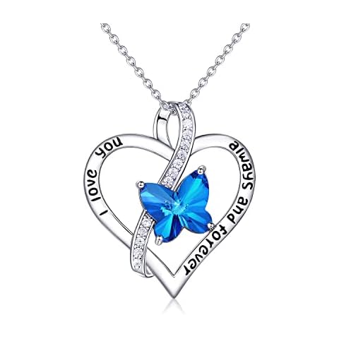 WISHMISS Butterfly Necklaces for Women Mom 925 Sterling Silver Heart Necklace with Birthstone Crystal I Love You Always and Forever Anniversary Birthday Christmas Gifts for Her (Blue Crystal) Cover