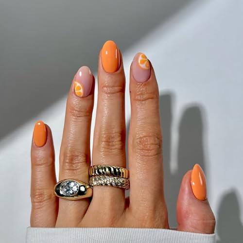 Short Press On Nails Almond Fake Nails Orange Nails Press Ons With Friut Designs Artifical Acrylic False Nails Full Cover Glue On Nails Orange Glossy Stick On Nails For Women Nail Manicure