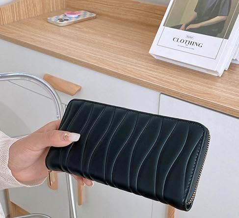 Womens Wallet Zip Around Clutch WalletBlocking PU Leather Bifold for Travel (Black)4