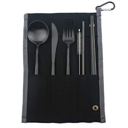 Portable-6-Pieces-Flatware-Set-304-Stainless-Steel-Knife-Fork-Spoon-Chopsticks-Metal-Straw-Cleaning-Brush-Durable-Travel-Cutlery-Set-Black-Pouch-Bag-Black