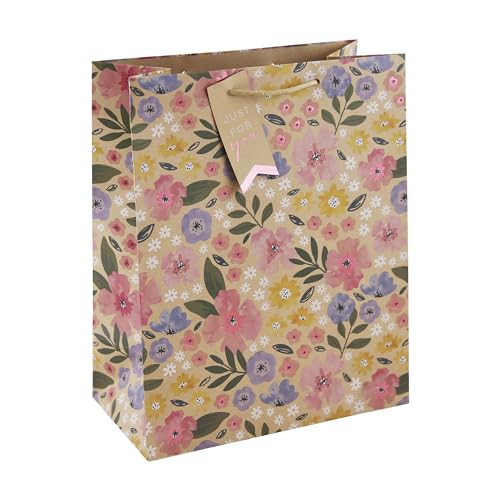 Eurowrap Hermosa bolsa de regalo de papel kraft marrón floral 100% reciclable con etiqueta de regalo Just For You para primavera, cumpleaños, día de la madre, Pascua, San Valentín, grande