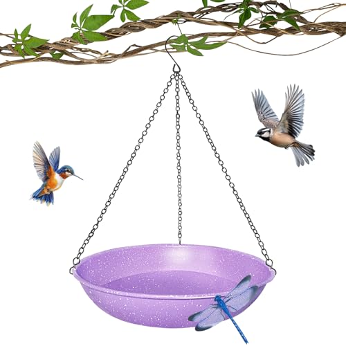 Image of 11 Inch Purple Speckled Metal Hanging Outdoor Bird Bath Bowl | Dual-use bird feeder & water basin with magnetic dragonfly decor for backyard and patio decoration