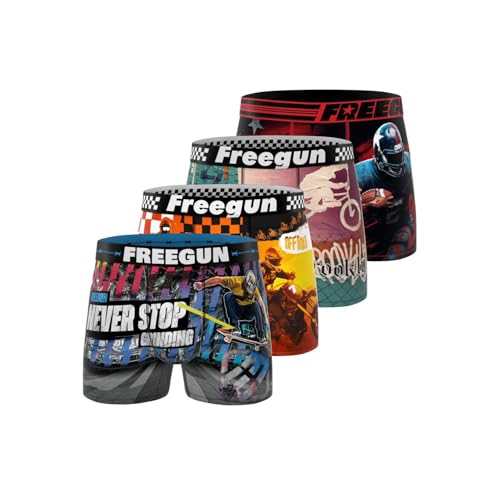 FREEGUN Boxer Enfant Sport Xtrem', Caleçon Garçon Ultra-Doux, Confortable (Lot de 4), Bleu Taille 10 ans/12 Ans