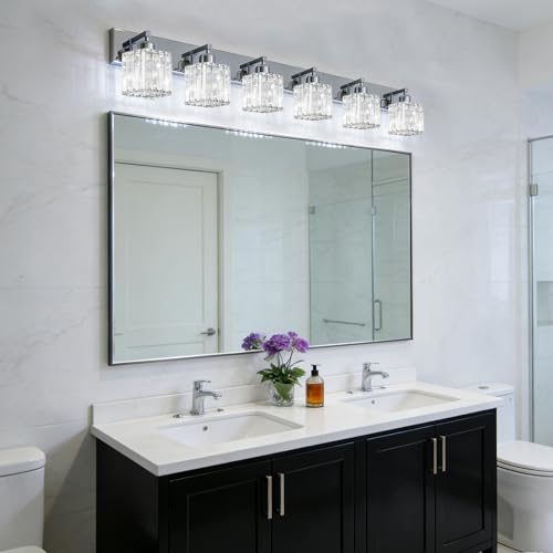 Image of Brushed Chrome Crystal Bathroom Vanity Light, 6-Light Modern Bathroom Lighting Fixtures Over Mirror,Chrome Wall Sconce Light Fixtures with Square Shade