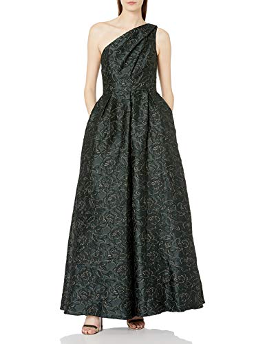 Carmen Marc Valvo Infusion Women s One Shoulder Pleated Ball Gown W Metaillic Threads, Hunter Gold, 4