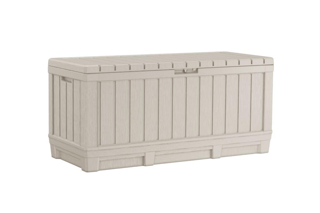Keter Gartentruhe KENTWOOD 350L – Wetterfeste Gartenbox in hellem beige mit Sitzfunktion – UV-beständige Aufbewahrungsbox, abschließbar, für Innen- & Außenbereich