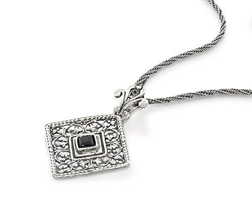 Filigree Square Black Onyx Pendant With Decorative Bail 925 Sterling Silver Women's Necklace, 20" #TOP1