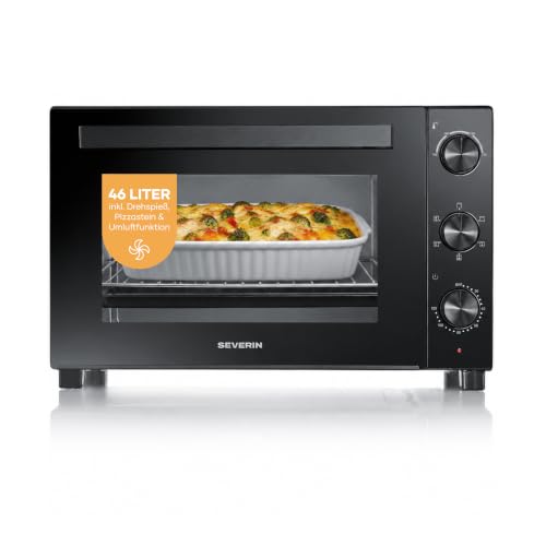 Severin Back- und Toastofen mit Umluftfunktion inkl. Drehspieß für Fleisch vielseitiger Heißluftofen mit 46 L Kapazität Aufbackofen 100-230 Grad Celsius Timer 120 Min. 1800 W schwarz TO 9025