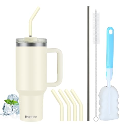 BuildLife Gobelet isotherme de 1200 ml à emporter, avec paille et poignée, double paroi isolée en...