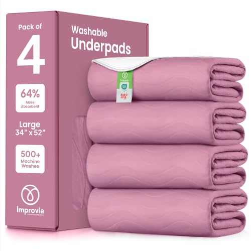 Image of IMPROVIA Washable Underpads, Heavy Absorbency Reusable Incontinence Pads for Kids, Adults, Elderly, and Pets, Waterproof Protection Floor (Pink, 34 inchx52 inch (Pack of 4))
