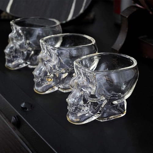 LGZ Set de 3 Vasos Calavera de Vidrio 80 ml | Vasos de Chupito Originales | Diseño de Calavera Transparente | Ideales para Cócteles, Whisky, Tequila y Licores