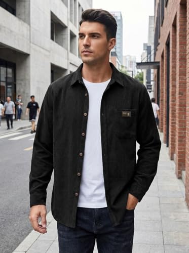 Image of IndoPrimo Men's Corduroy Shirt | Premium Ribbed Full Sleeve Casual Overshirt | Button-Down Solid Shirt with Chest Pocket | Regular Fit