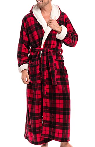 Alexander Del Rossa Men’s Robe, Big And Tall Plush Fleece Hooded Bathrobe With Two Large Front Pockets And Tie Closure, Red Buffalo Check Plaid With Sherpa, Large-Xl #TOP21