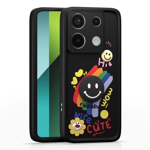 Image of Pikkme Back Cover for Redmi Note 13 Pro 5G / Poco X6 5G | Soft Silicone| Cute Rainbow Smile & 3D Cartoon Flower Design | Shockproof Raised Camera Protection Bumper Case (Black)