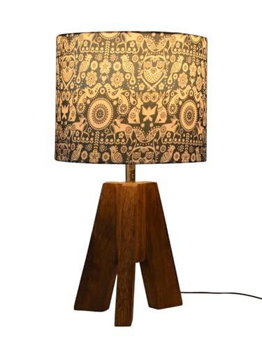 Image of Green Girgit Decorative Tri-Leg Stand Wooden Table Lamp with Indian Art Multicolor Shade Bedside & Reading Night Lamp for Bedroom, Living Room & Home Decor | Warm Ambient Light