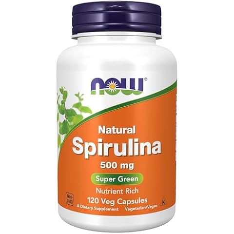 NOW Supplements, Natural Spirulina 500mg with Beta-Carotene and Vitamin B-12, 120 Veg Capsules Cover