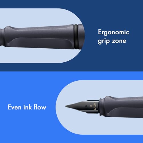 Image of Lamy Safari Steel Black Fountain Pen with Ergonomic Grip and Polished Steel Nib in Line Width B Robust ASA Plastic Includes Ink Cartridge T 10 Blue Right-Handed