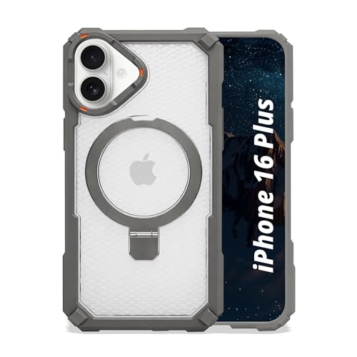 Image of AIBEX Transparent Back Cover Compatible for iPhone 16 Plus| Mag-Saf Magnetic Ring Kickstand | Shockproof Dual Layer Military Grade Drop Protection Armor Case| Wireless Charging Support - Grey