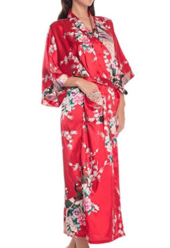 FEOYA Femmes Kimono Peignoir Pyjama Longue Imprimé Paon Elégante - Robe de Nuit de Bain de Chambre Soie Artificielle - Rouge - Taille L