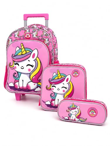 Kit Mochila de Rodinhas Escolar Unicórnio Com Estojo E Lancheira - Yepp Volta as Aulas (Rosa)