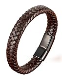 Deerllia Leather Bracelet for Men, Braided Cuff with Stainless Steel Clasp Stacked Multi Style Color Anniversary Father's Day Birthday Christmas Jewelry Gifts for Him, Black Clasp Brown Leather