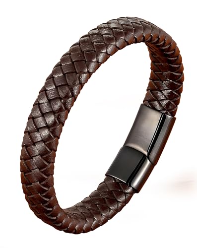 Leather Bracelet for Men, Braided Mens Cuff Bracelets with Stainless Steel Clasp Stacked Multi Style Color Anniversary Father's Day Birthday Christmas Jewelry Gifts for Him