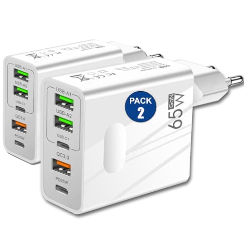 Pack 2 Cargador USB de 65W con 5 Puertos USB Conectividad 2 Tipo C + 3 Tipo A   Carga rápida QC 3.0 y Compatible con Samsung +iPhone + Xiaomi   Certificado CE y Garantía de satisfacción | 3 Stars