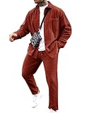 LecGee Corduroy 2 Piece Outfits Mens Corduroy Shirts Jackets Loose Pants Sets Red