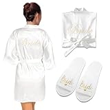 Billowvolve V Ausschnitt Damen Brautjungfern Roben Kimono Bride Morgenmantel Bademantel Satin Nachtwäsche Badmantel Braut Kurz mit Hausschuhe für Hochzeit、Pajama Party