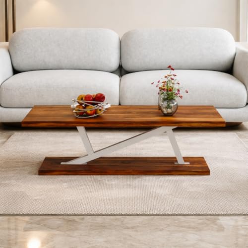 Image of Coffee Table /Center Table /tea table with Open Storage Shelf - Minimalist Sesham Wood Rectangular Center Table with white Z Shape metal fram for Living Room, Office, and Lounge Easy Assembly