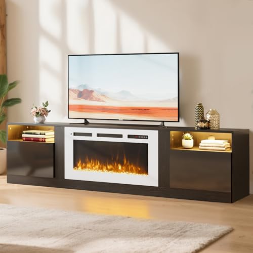 70″ TV Stand with 36″ Electric Fireplace, Large Modern Media Entertainment Center with Storage Cabinet and 12 Colors LED Lights for TVs Up to 80″,Black & White