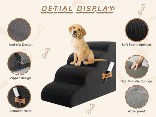 ROMROL Hundetreppe 4 Stufen – rutschfeste Haustiertreppe für kleine Hunde & Katzen – Waschbarer Bezug, Hochdichter Memory-Schaum – Weiche Einstiegshilfe für Sofa & Bett – Gelenkschonend, Schwarz