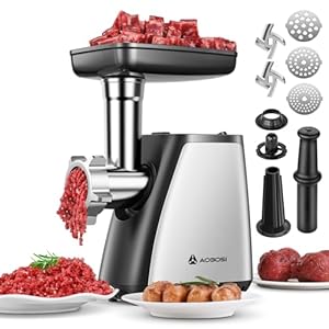 AAOBOSI Fleischwolf, 3-in-1 Elektrischer Fleischwolf [2800 W max] mit 2 Klingen, 3 Platten, Wurstfüller, Kubbe-Kit, für den Hausgebrauch, Edelstahl