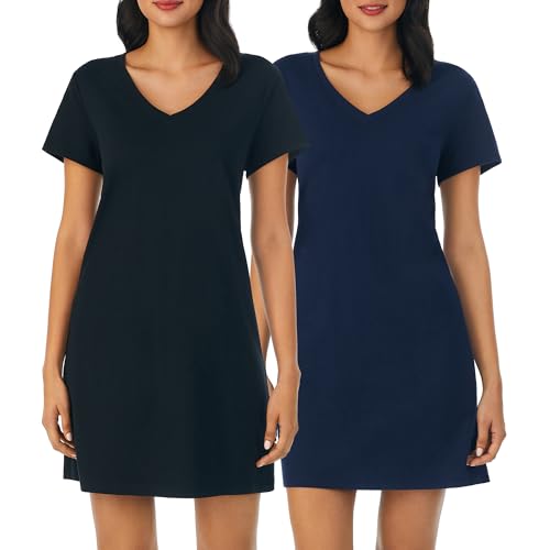 Image of Nautica Womens Sleep Shirt Dress - Cotton Knit Jersey V-Neck Pajama Top - Lightweight & Breathable Sleepwear Loungewear