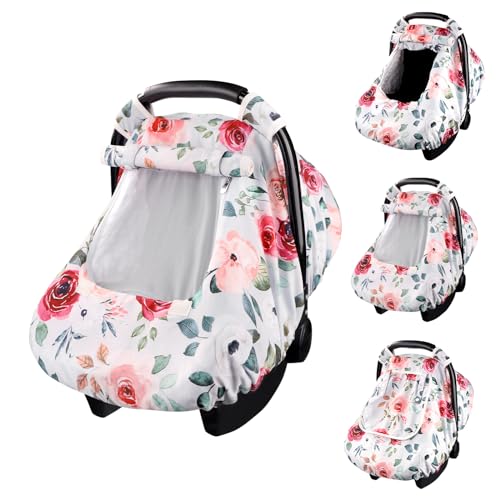Image of CARUILI Floral Car Seat Covers for Babies, Kick Proof Infant Car Seat Cover, Windproof Baby Carseat Cover Girls, Car Seat Canopy with Breathable Mesh Peep Window