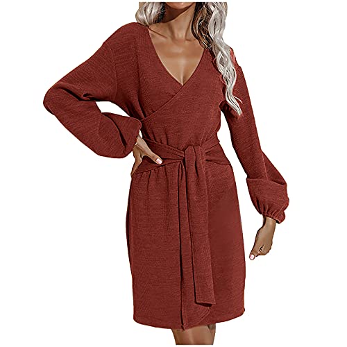 Hemlock Women V Neck Sweater Dresses Tie Waist Fall Dress Autumn Long Sleeve Dress Office Work Party Dress Wine