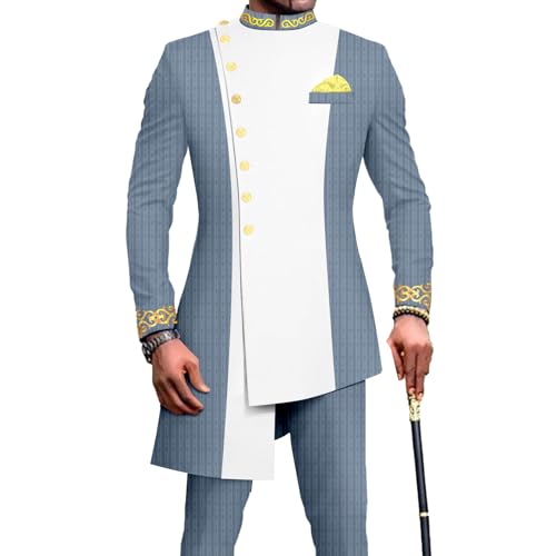 African Attire for Men Embroidery Jacket and Trousers Wedding Formal Slim Fit 2 Piece Set