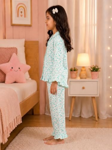 Image of superminis Hosiery Cotton Night Suit with Frill - Full Sleeves, Collared Neck, Sleep Wear for Girls, Kids