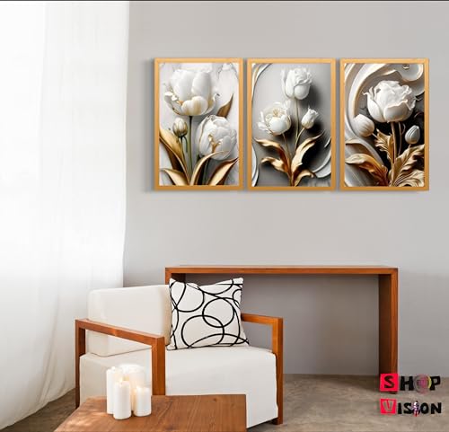 Quadro Decorativo Flor Tulipa Branca Dourada Ouro Trio 3 Peças Fácil Fixação com Fita Dupla Face
